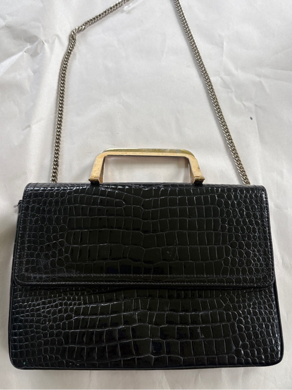 Vintage Morris Moskowitz Black Crocodile Embossed Leather Handbag Top Handle MM